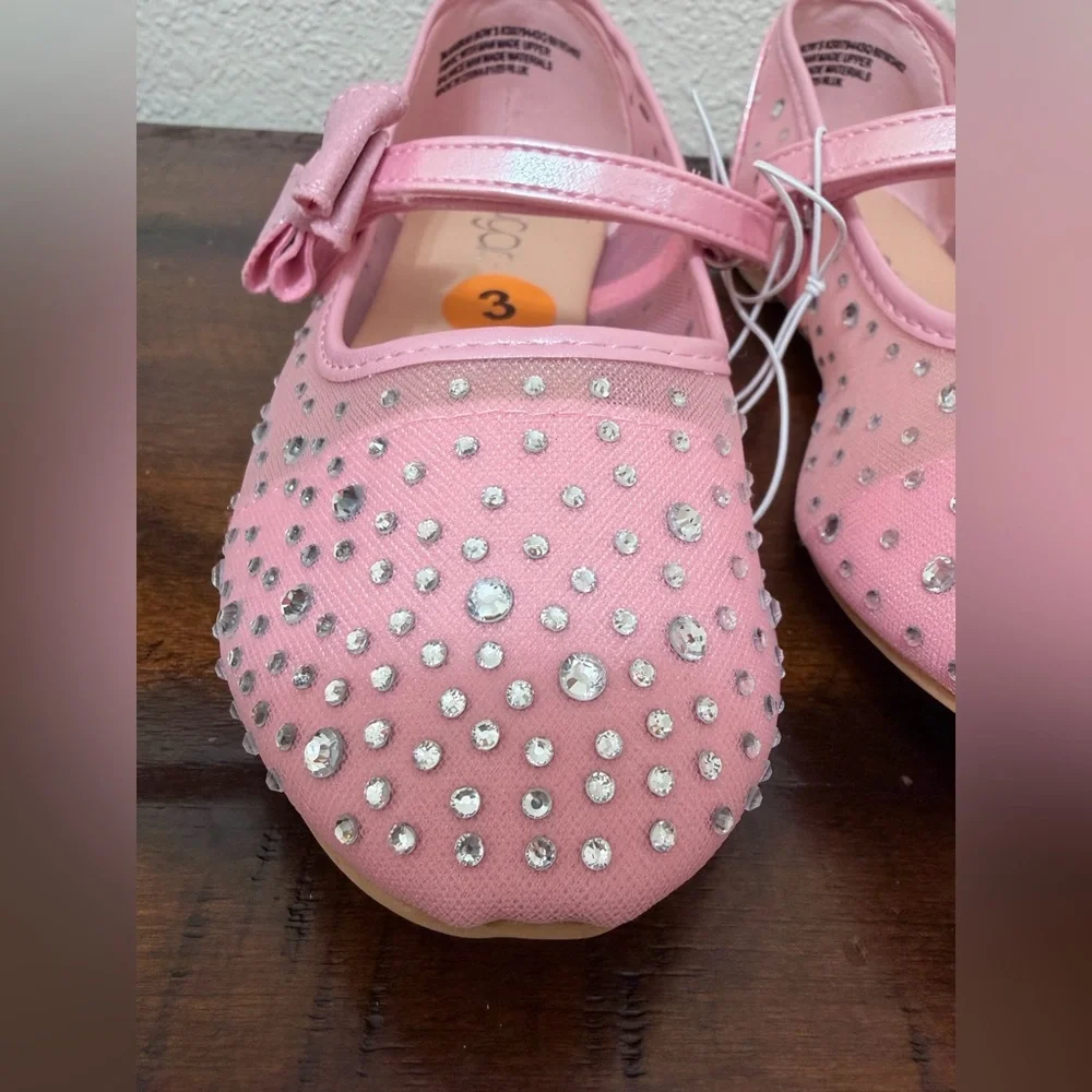 Sugar  Flats Shoes Big Girl Size 3M – Pink with Sparkly Rhinestones & Bow  New